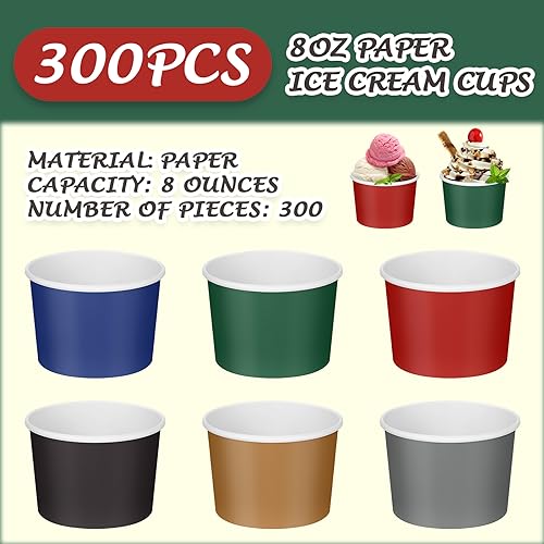 Image of Nuenen 300 Pcs 8 oz Summer Ice Cream Paper Cups Bulk Disposable Dessert Cups Solid Color Paper Dessert Bowls for Snack Sundae Spring Party Favors Ice Cream Bar Supplies (Bright Color)