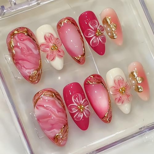 30Pcs Pink Press on Nails Medium Almond Fake Nails with
