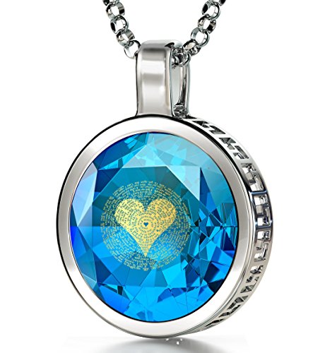 Nanostyle 925 Sterling Silver I Love You Necklace Pure Gold Inscribed In 120 Languages Including On Round Cut Blue Cubic Zirconia Gemstone Anniversary Birthday Gift Pendant For Wife, 18" Chain #TOP6