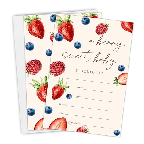 Image of Yhtmbf Baby Shower Invitations - Berry Sweet Baby - Berry Fruits Theme Fill In Style Double-Sided Invite Cards With Envelopes For Gender Reveal, Announcement, Party Favor & Supplies(Set Of 25) - A06