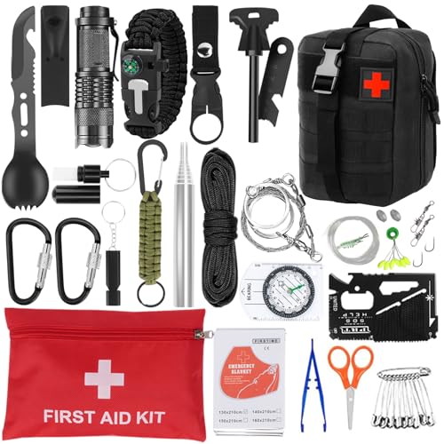 QLOUNI Survival Kit 69-teiliges Notfall Survival Kit mit Erste Hilfe Set, Survival Ausrüstung mit Rettungsdecke Kompass Paracord Multifunktionstools Rucksack aus Oxford-Gewebe für Camping und Outdoor