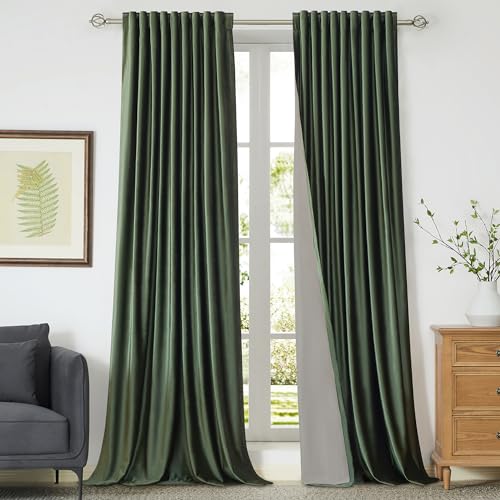 Image of 100% Full Blackout Olive Green Velvet Curtains 108 inch Long for Living Room,Set of 2 Liner Rod Pocket Back Tab Thermal Window Curtains Room Darkening Heavy Decorative Curtains Drapes for Bedroom