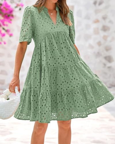 Image of BTFBM Womens Boho Summer Dresses 2026 Spring V Neck Short Sleeve Hollow Out Lace Ruffle Casual Beach Mini Vacation Dress