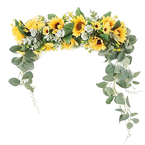 Firlar Artificial Sunflower Swag, 18 Inch Decorative Swag with Sunflowers, Green Leaves Hanging Ornament Floral Swag Door Swag for Wedding Home Party Door Wall Decoration