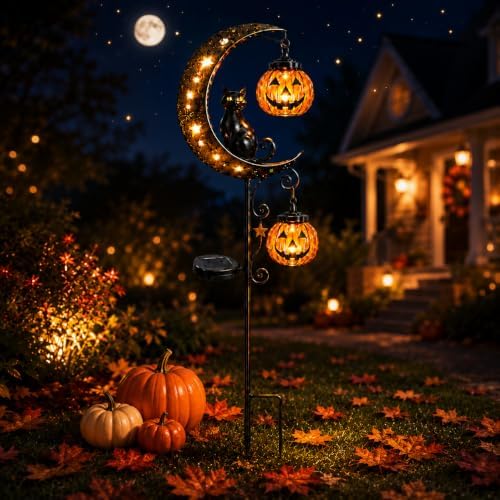 Solar Black Cat Pumpkin Moon Garden Stake Light with 2 Hanging Pu...