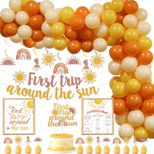 Image of Boho Sun 1st Birthday Decoration,First Trip Around The Sun Banner Birthday Decorations Balloon Garland Arch Kit with Sunshine Theme Hanging Swirls Cake Topper for First Birthday Girls Boys