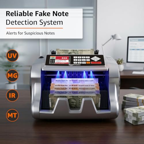 Image of Amazon Basics Mix Note Counting Machine with Fake Note Detection & LCD Display, Fully Automatic Cash Counter| Counts All Old & New Notes for INR ₹10-₹2000, UV MG IR MT Detection, Business & Retail Use