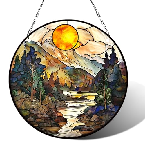 Bolisom Mountain Sunset Lake Stained Glass Window Hanging
