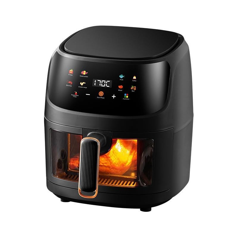 Freidora sin aceite 8L con ventana visible Air Fryer 1400W panel táctil LED Freidora de aire caliente con 8 programas, uso en cesta o cajón (Negro)