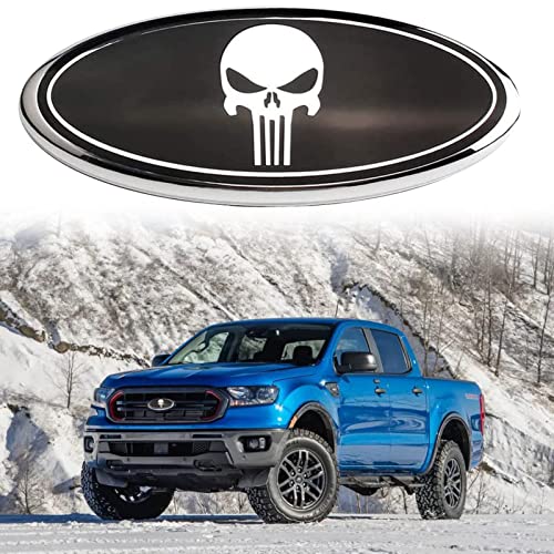 Image of Front Grille Rear Tailgate Skull Emblem - 9 inch Oval Badge Name Plate Fit for 2004-2014 F150, 2005-2007 F250 F350, 11-16 Explorer, 11-14 Edge, 06-11 Range, 07-14 Expedition(Black)