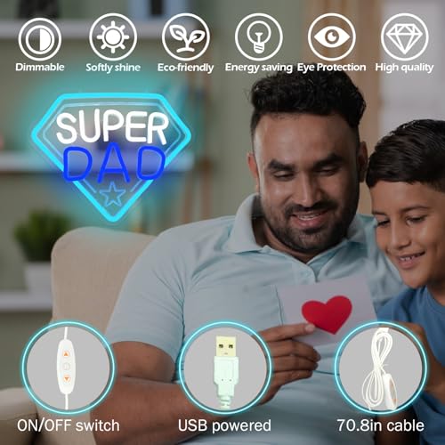 Image of Fathers Day Neon Sign Super Dad Led Sign Dimmable Father's Day Decorations New Dad Neon Lights Super Dad Decorations for Father Dad Birthday Gifts