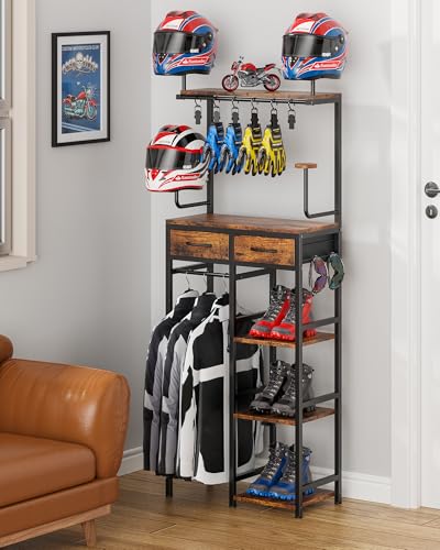 Freestanding Motorcycle Helmet Holder Motorcycle Helmet Storage Rack & Gear Organizer All-in-One Garage Accessories with Hangers Glove Hooks Shoe Racks and Drawers Brown