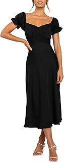 Linsery Women Off Shoulder Boho Midi Dress Puff Sleeve A-Line Fit and Flare Swing Dresses
