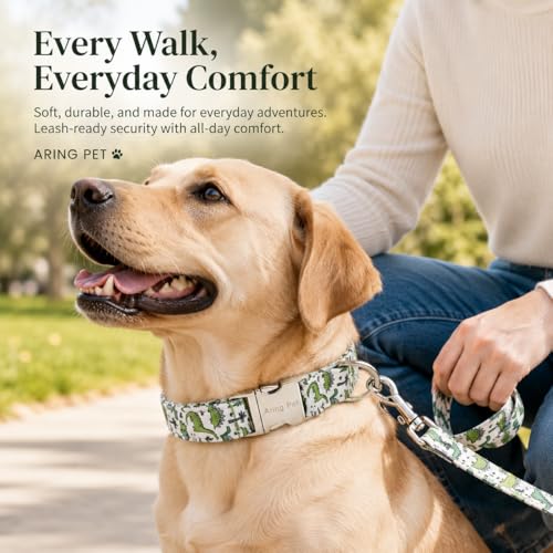 Image of ARING PET Boy Dog Collar for Puppy Small Medium Large Dogs-Green Dinosaur M | Cute Dino Heavy Duty Pet Collars with Metal Buckle for XS S M L XL Dogs, for Daily Walk Camping Trip Outings Photoshoots