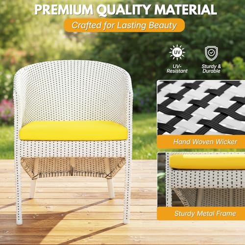 Image of DEVOKO Outdoor Patio 3-Piece Wicker Chair Table Set with Double Waving HDPE Rattan All Weather Resistant Furniture with Glass Top Table & Comfy Seat (White Black & Yellow)