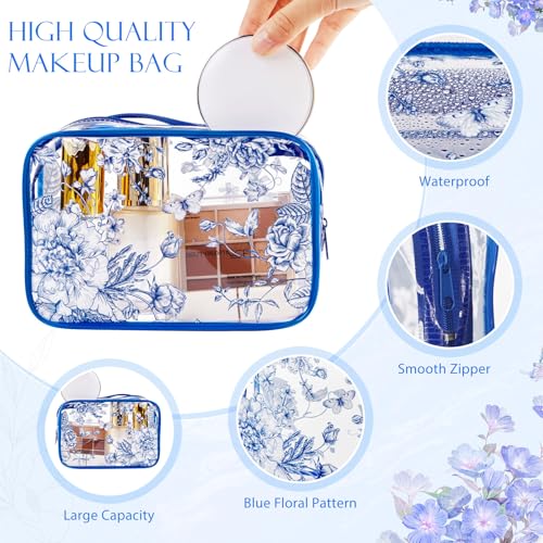 Set of 10 Clear Floral Cosmetic Bags PVC Makeup Bags Waterproof Travel Organizer Toiletry Pouches for Wedding Birthday Baby Shower Party Ideal Gift for Women Nurse Bridesmaid(Blue)3