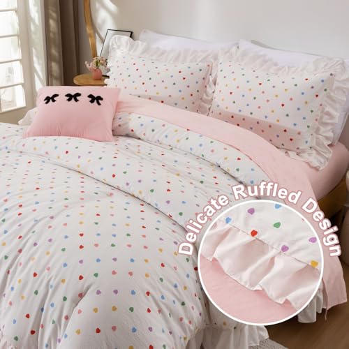 Image of A Nice Night Colorful Heart Love Pattern Bedding Set,Ruffle 6 Piece Bed in a Bag Matching Sheet Set,Princess Chic Style,White Comforter Sets Room Decor for Girls,Twin