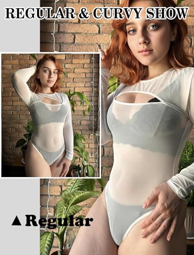Image of GirlFriend Mesh Bodysuit for Women Long Sleeve Body Suit Sexy Tops Cut Out Leotard See Through Shirts Sheer Rave Outfits