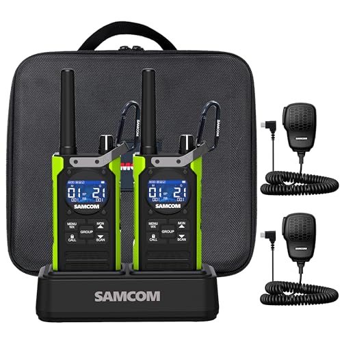 SAMCOM T5 FRS Two Way Radios with Speaker Mic, IP67 Waterproof Heavy Duty Walkie Talkies with Type C Rechargeable Dual Charger Flashlight FM Radio NOAA Long Range for Outdoor Camping