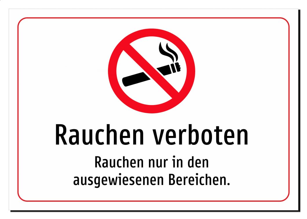 Rauchen verboten - Rauchen nur in den ausgewiesenen Bereichen. – Aluschild A5 – mit Symbol