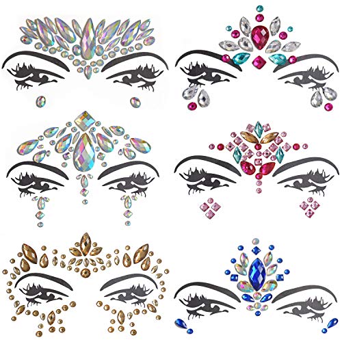 Inifty 6 Sets Women Mermaid Face Gems Glitter, Rhinestone Body Jewels, Self-Adhesive Stick On Crystal Tattoo Stickers Bindi Jewelry for Rave Carnival Party Bohemian Music Festival Coachella (Style 2)