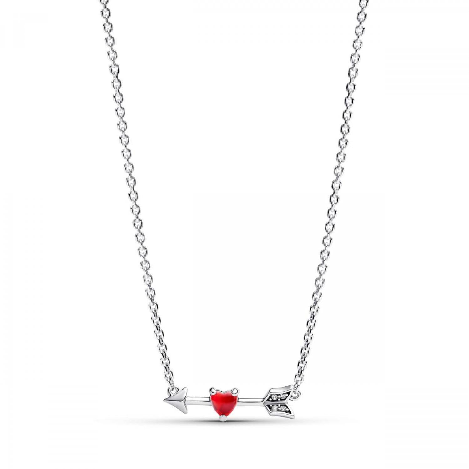 Pandora Collier avec pendentif en forme de cœur en forme de flèche en argent sterling avec verre de Murano rouge et oxyde de zirconium transparent, taille 50 cm, One Size, Argent, Pas de gemme