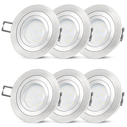 6 Stück RF-2 LED Einbaustrahler Set dimmbar flach für 230V - SSC-LUXon® 5W Einbauleuchte schwenkbar gebürstet für Deckeneinbau