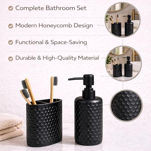 Image of MARKET 99 Black Diamond Cut Bathroom Accessories Set of 2 | Matte Black Polyresin Soap Dispenser & Toothbrush Holder | Luxury Bathroom Organizer Set for Vanity & Wash Basin