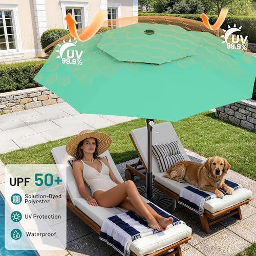 Image of AreShark 9ft 2 Tiers Patio Umbrella - Outdoor Umbrella Waterproof UV Protection, Market Table Umbrella w /Push Button Tilt&Crank for Pool, Porch, Garden(Turquoise)