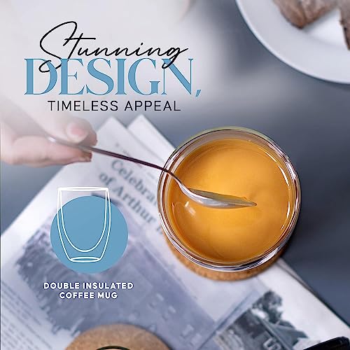 Image of KELVEE Double Wall Thermal Insulated Glass Coffee Mugs Set of 2, Transparent Drinking Glasses Iced Tea Cups for Latte, Cappuccino, Mocha, Juice, Hot & Cold Beverages (350ml)