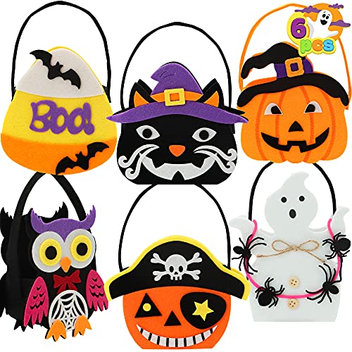 JOYIN 6 Pack Halloween Candy Holder Bucket Trick or Treat Baskets with Handle Pumpkin Ghost Black Cat Owls Tote Goodie Gift Bags for Kids Halloween Party Favors