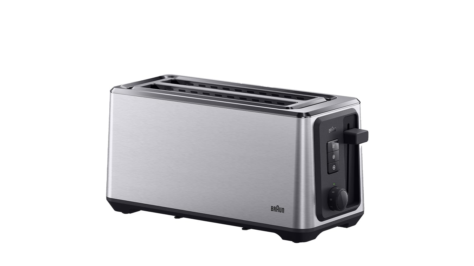 Braun Toster z długim otworem – 2 bardzo długie szczeliny, 8 poziomów opiekania, automatyczne centrowanie, Reheat+ & Defrost+, zintegrowana nasadka do bułek, EasyGrab, czarny (HT5220BK)