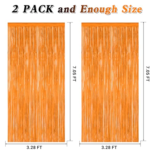 Image of ZATAYE 2 Pack Orange Halloween Foil Curtain Streamer Decorations | Orange, Metallic Foil, 3.28 x 7.05 FT, Tinsel Backdrop, Foil Curtain Streamer, Halloween Party, Photo Booth Door Wall Decor