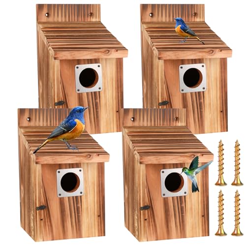 4-Piece Outdoor Bird House Set, Bird Houses for Outside with Metal Guards, Safety Locks, Flight Slots, & Ventilation, Bluebird Houses with 1-1/2' Entrance for Bluebirds, Wrens, Finches