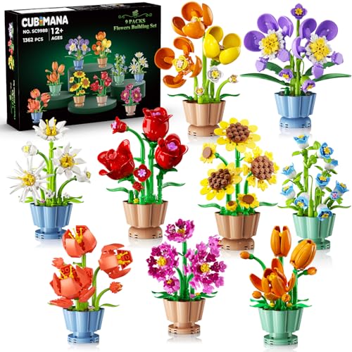 CUBIMANA 9 Blumen Bausatz 3,6MM Mini Bausteine Botanicals Collection Bausteinspielzeug, Künstliche Blumenpflanzen Bauset für Home Büro Deko, Geschenk für Erwachsene Kinder Mädchen ab 12+(1362 Stück)