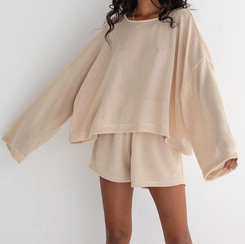 Women's oversized long sleeved shorts aesthetic sleepwear casual sports cotton set4