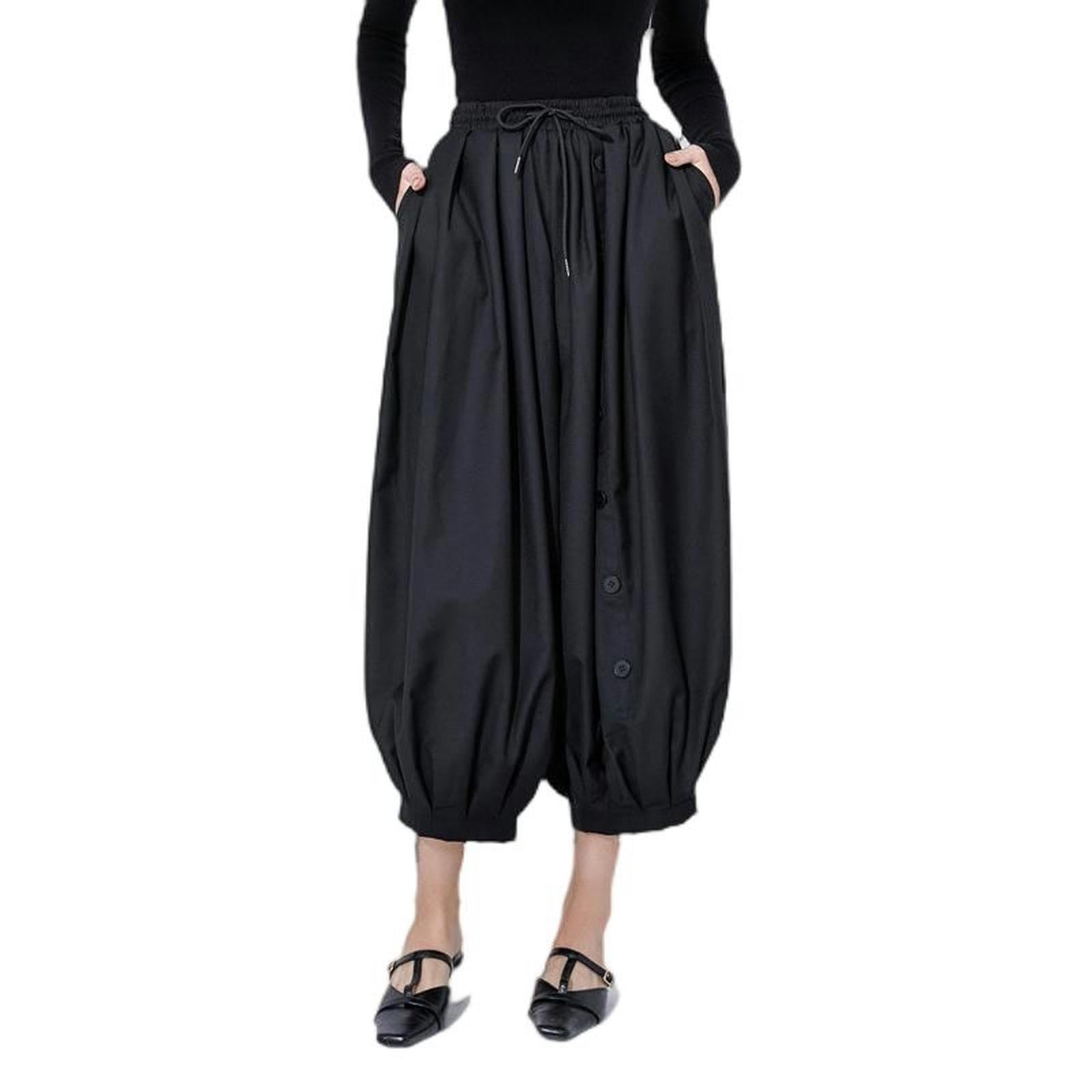 Pantalones Anchos Sueltos y versátiles Pantalones Casuales de Nueve Puntos para Mujer-Negro-M