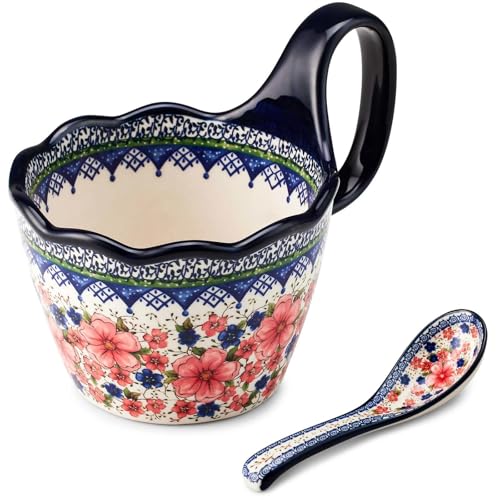 Cteaffee Ceramic Soup Bowl and Mug Set 14oz Hand-Painted Floral Stoneware Coffee Cup with Spoon Large Soup Bowls with Handle Microwave & Dishwasher Safe Polish Pottery Style (Plum blossoms)