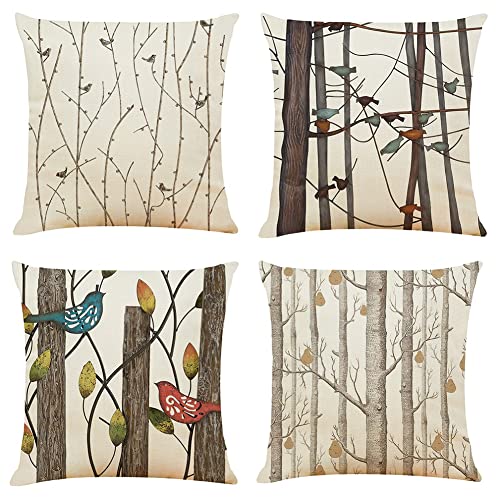 BCKAKQA Throw Pillow Covers Set of 4 Tree and Birds Cushion Covers 45cm x 45cm Linen Square Decorative Throw Pillow Cases 18 x 18 inch for Living Room Sofa Couch Bed Cushion Cases (Brown)