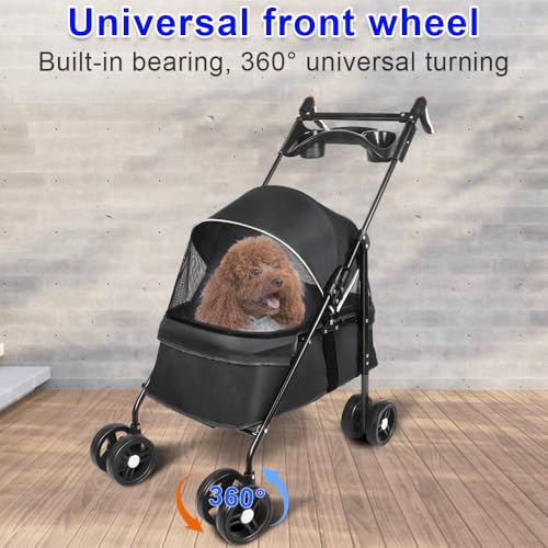 Homewell Klappbarer Haustierwagen mit Getränkehalter, Hundewagen & Katzenwagen, Leicht & Bequem mit Sicherheitsgurt, Atmungsaktiv, Stauraum, bis 20kg (Schwarz)