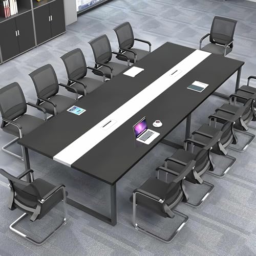 ZRBDDEF Mesa de Conferencias Grande – Mesa de Reuniones Moderna para Oficina con Pasacables,Estructura Metálica Robusta,Diseño Rectangular Negro-Blanco para 8–12 Personas (sin sillas)