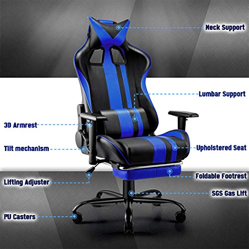Soontrans-Silla-Gamer-Ergonomica-Silla-Gaming-Oficina-Racing-Sillon-Gamer-Despacho-Profesional-con-Reposapies-Soporte-Lumbar-Reposacabezas-Altura-Ajustable-Reposabrazos-Azul