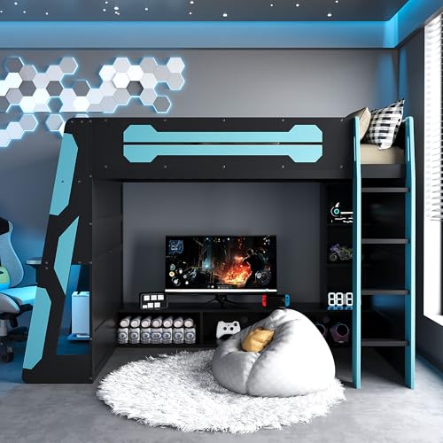 Image of Harper & Bright Designs Twin Size Wood Loft Bed with Desk and Multi-Storage Shelves, Wooden Gaming Loft Bed Frame with RGB Light, Space-Saving Bed with Safety Guardrail, Blue
