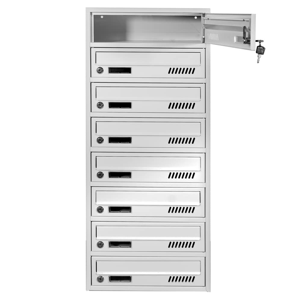 Buzones con fijación a Pared GLM 8 plazas RAL 7035 Gris 25cm Profundidad A4 | Módulo de buzones, uso en interiores, adecuado para documentos A4, acero galvanizado, 2 llaves incluidas