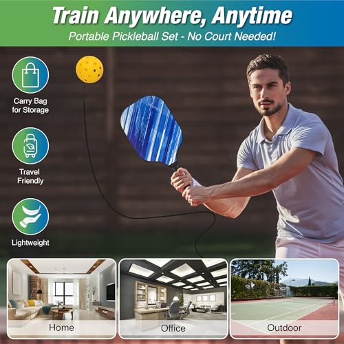 Image of NEWDRU PicklePlay Pro - Pickleball Trainer Set | Reflex Training Ball | Skill Booster for Beginners & Pros | Indoor & Outdoor Use - Blue