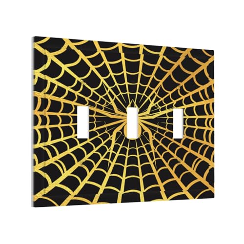 Decorative Switch Plate Covers Black Background with Golden Spiderweb Spider 3 Gang Light Switch Cover Plate Triple Toggle Wall Plate Light Switch Covers for Bedroom Home Decor