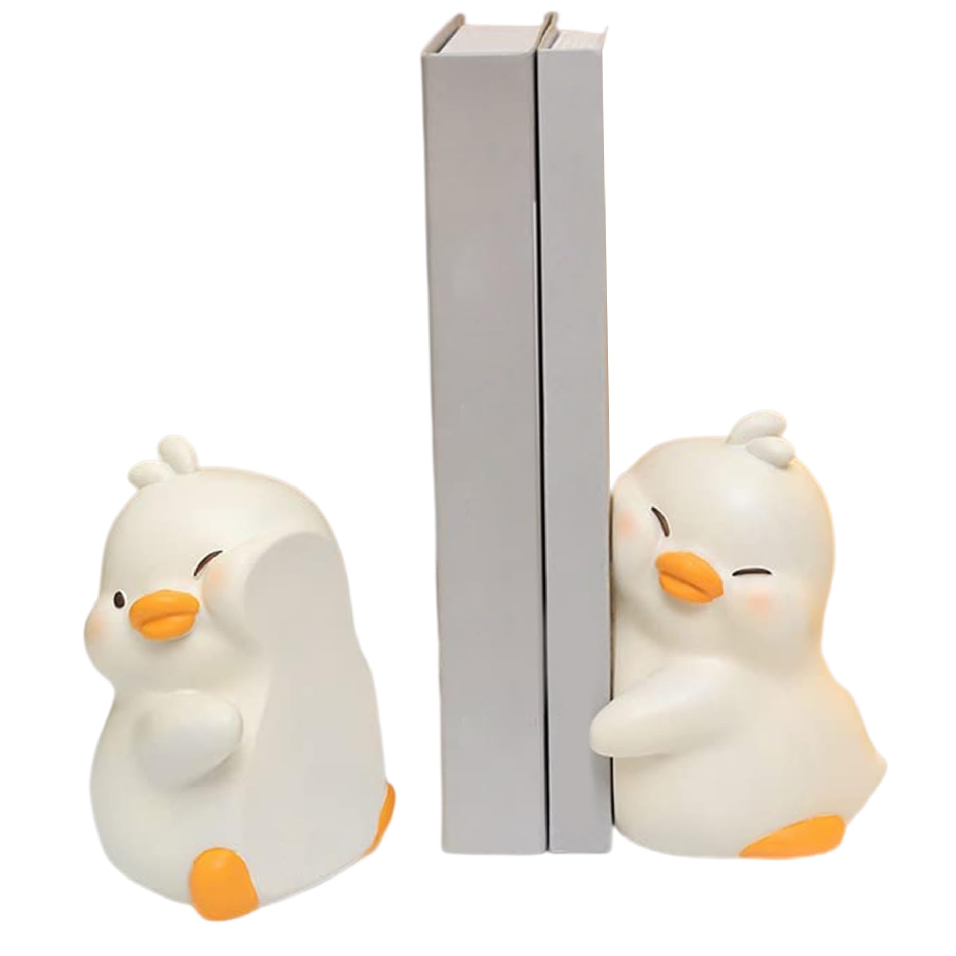 BeVistoso 2Pcs Bookends Ducks Decorative Book Ends for Desk Bookshelf Decor, Cute Cartoon Duck Hug Unique Resin Book Stopper Holder