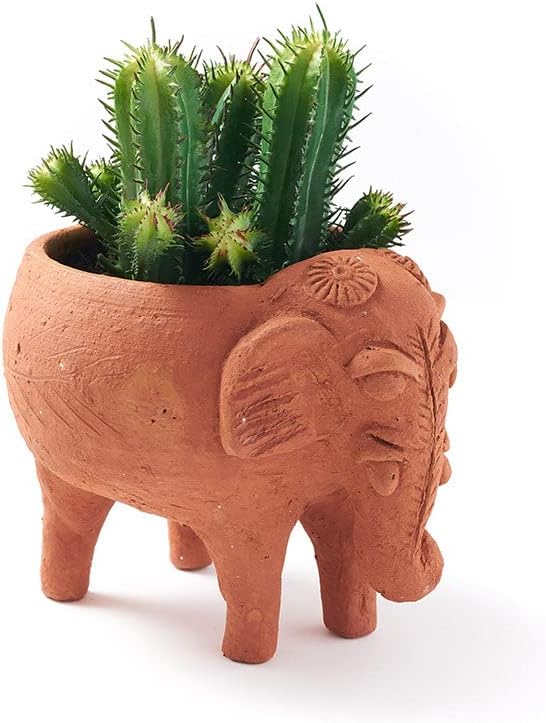 Matr Boomie Hand Crafted Small 4-inch Terracotta Planter Pot with Drainage Hole, Cute Elephant Design