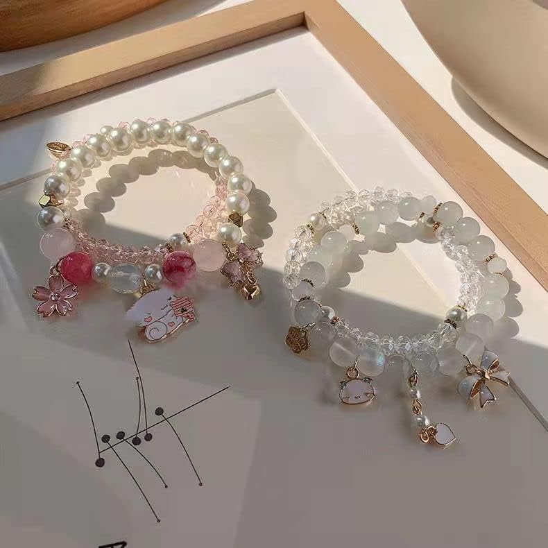 Image of Pingyongchang Elastic Cartoon Bracelets Crystal Beads Pearl Bracelets Cute Kawaii Adjustable Beaded Strand Bracelets for Women Girls Graduation Charm Bracelets Gift for Kids