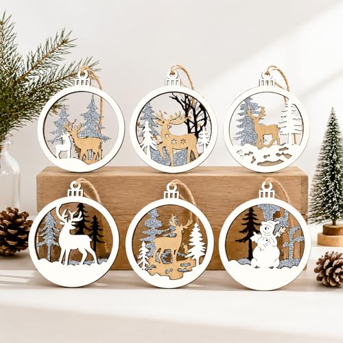 6-Piece Rustic Christmas Wooden Ornament Set, 3D Glitter Reindeer And Round Decorations For Tree Hanging Or Gift Tags, Farmhouse Style Holiday Decor